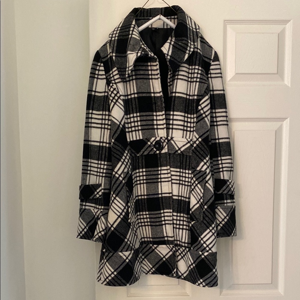 Ambition Black and White Pea Coat with Bold Plaid Design